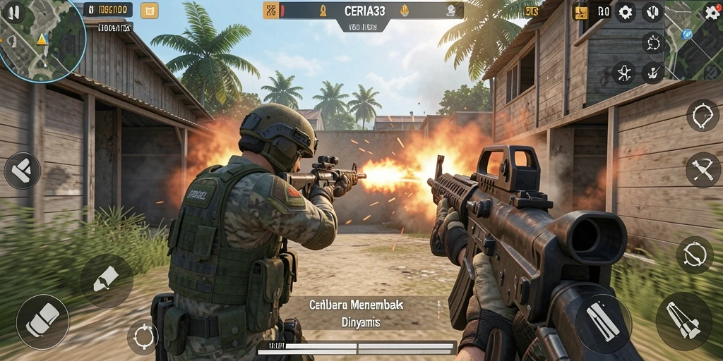 Screenshot gameplay menampilkan aksi menembak yang mendebarkan.