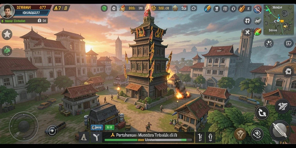 Tangkapan layar gameplay DEWANAGA77 yang menampilkan pertempuran Tower Defense yang intens.