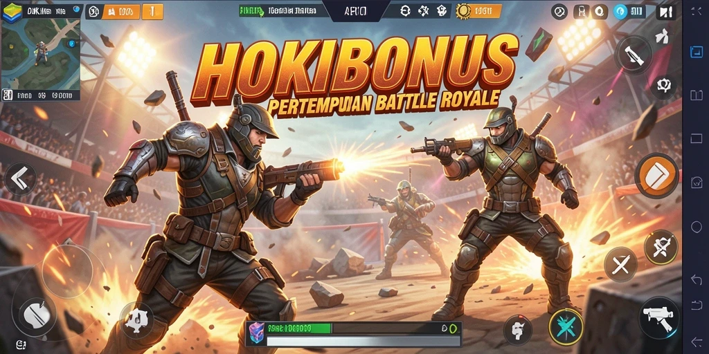Screenshot HOKIBONUS menampilkan intensitas pertempuran dalam arena Battle Royale.