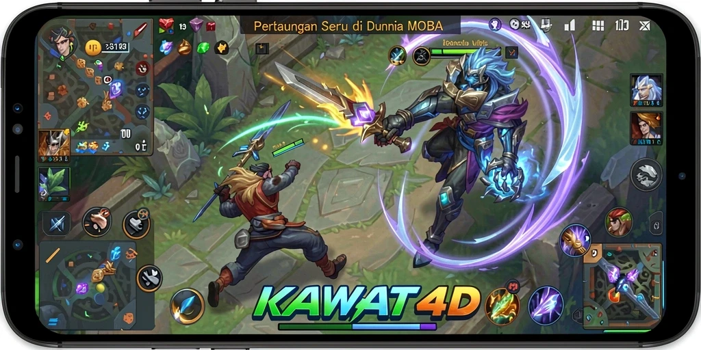 Screenshot menampilkan gameplay intens KAWAT4D di arena MOBA.