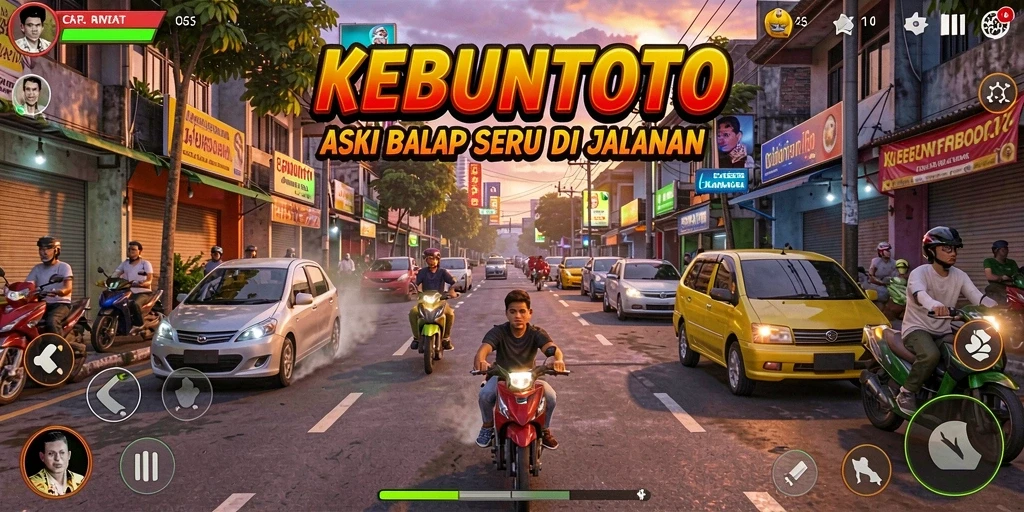 Screenshot gameplay KEBUNTOTO dengan mobil balap yang beraksi di lintasan.