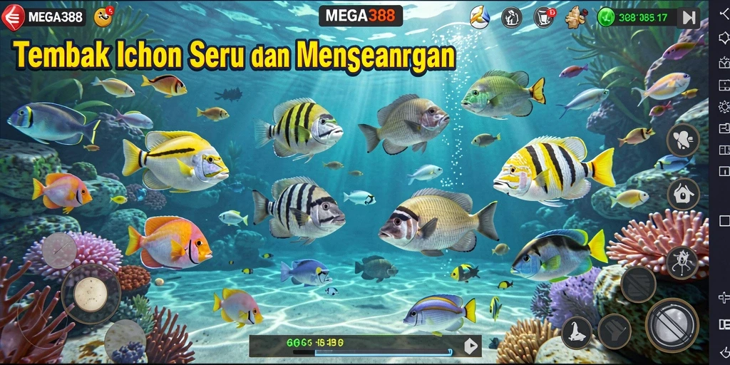 Menampilkan aksi seru dalam permainan Tembak Ikan MEGA388.