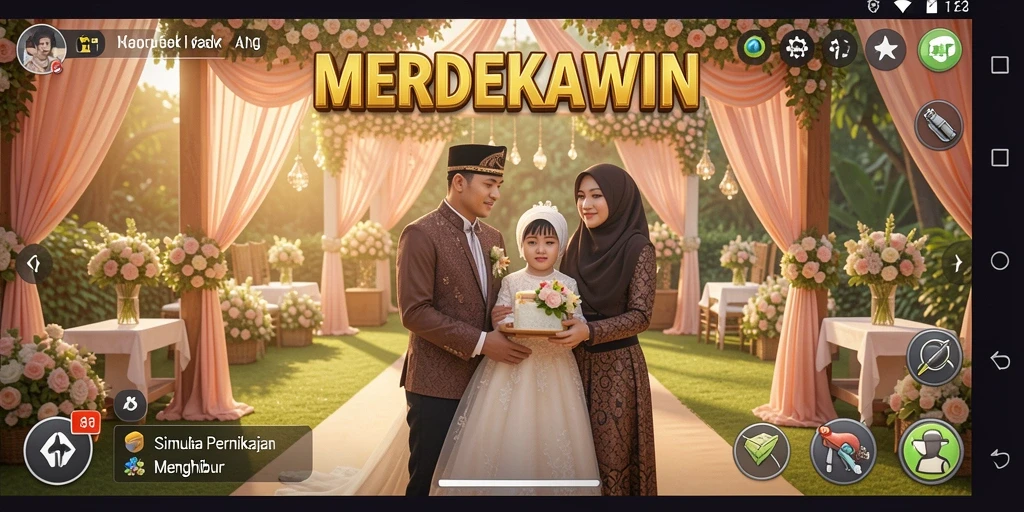 Tampilan gameplay <strong>MERDEKAWIN</strong> menampilkan desain pernikahan yang indah dan detil interaksi.