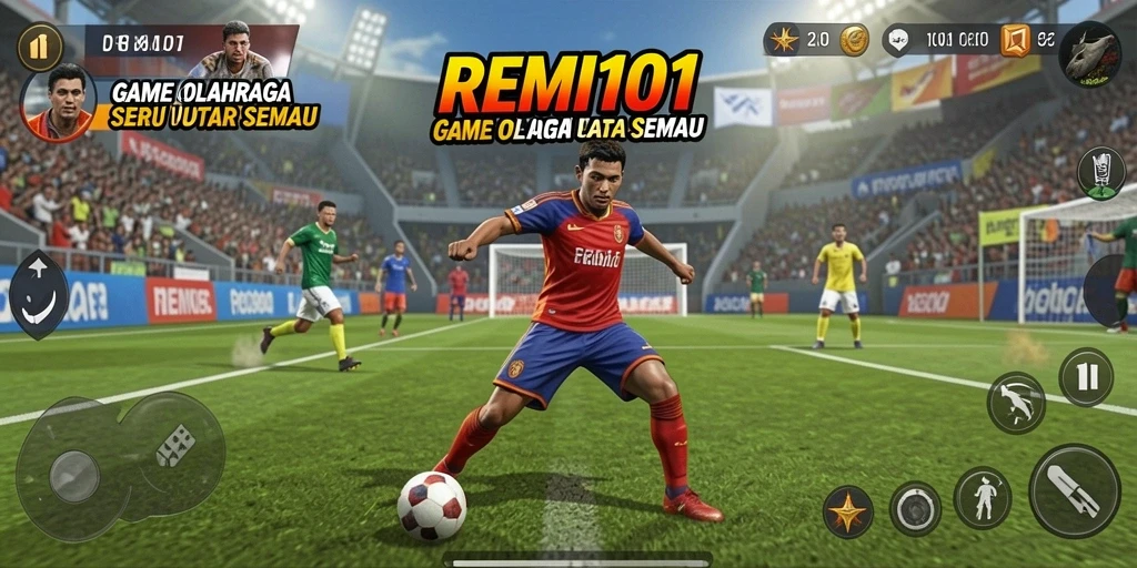 Tampilan utama gameplay REMI101 menampilkan aksi olahraga yang menarik.