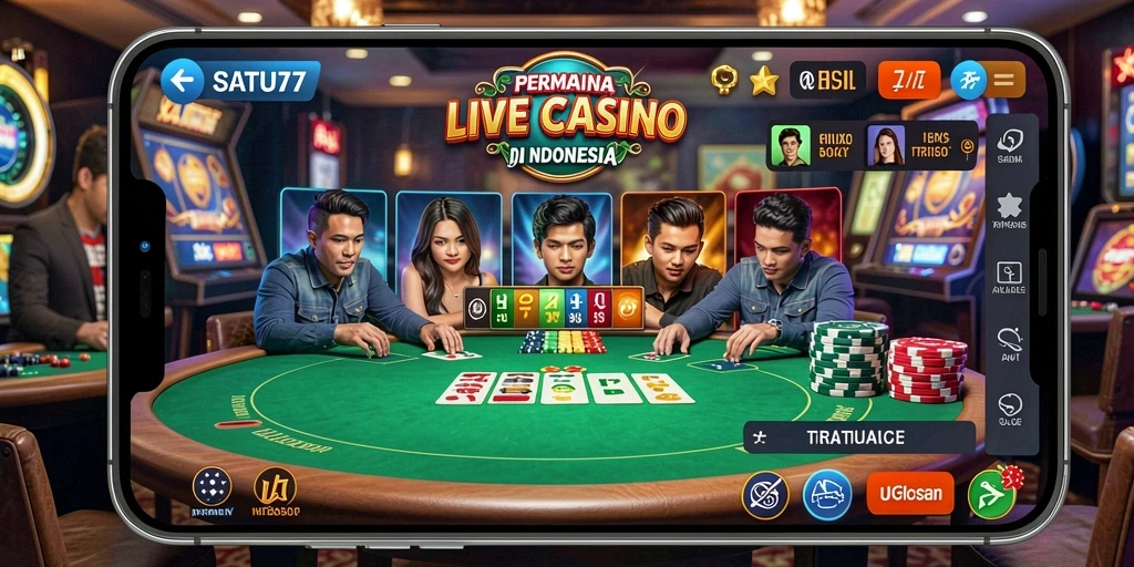 Screenshot SATU77 menampilkan dealer langsung dalam permainan Live Casino.